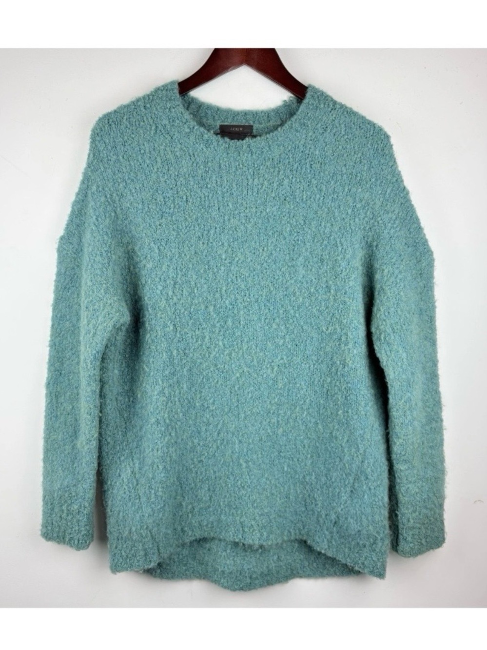J.Crew Womens Aqua Bouclé Pullover Sweater Crew Neck Oversized Fuzzy Cozy Small